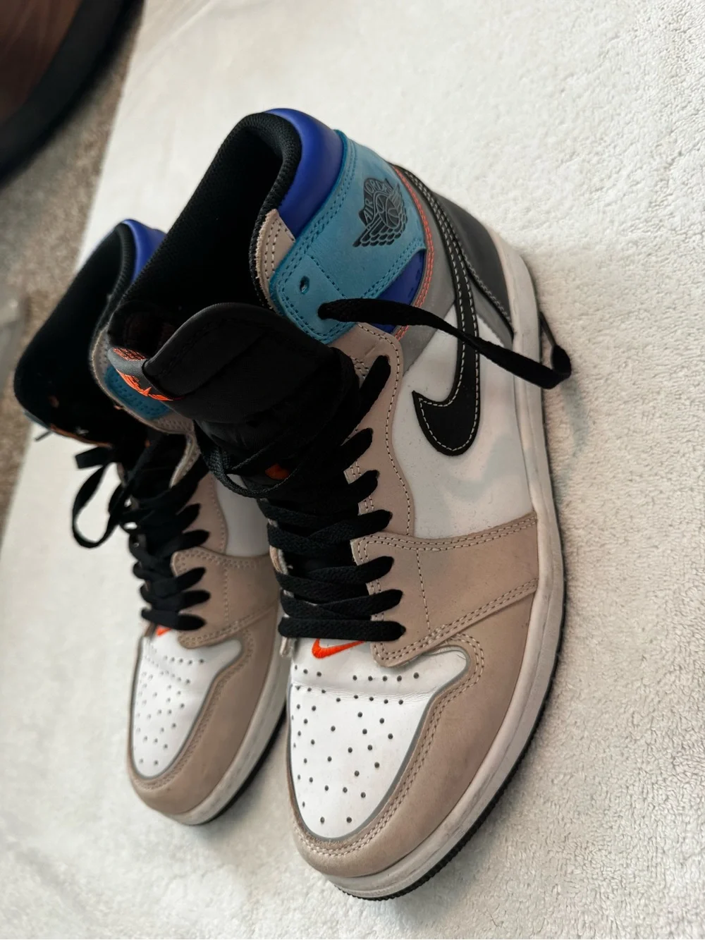 Jordan High-Top Sneakers in White, Gray, Black with Orange Accent